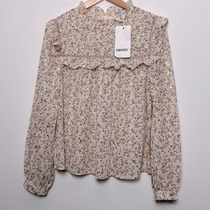 Iriserly Floral Gold Stars Ruffle Prairie Lightweight Romantic Feminine Blouse S